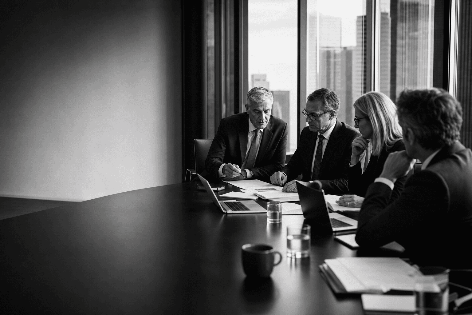 Investment professionals reviewing secondary market deals in a conference room